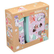 НАБОР: ЛАНЧ-БОКС 0,98Л И СТАКАН ДЕТСКИЙ С КРЫШКОЙ, ПЕТЛЕЙ И ДЕКОРОМ  0,4Л